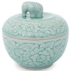 Rose of Sharon Small Celadon Ceramic Jar with Lid