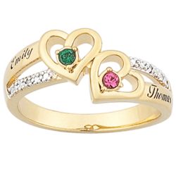 Couple's Birthstone Hearts Name Ring with Diamond Accent