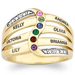 Two-Tone Family Name and Birthstone Ring with Diamond Accents