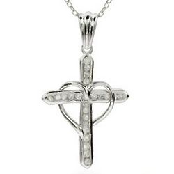 Charming Sterling Silver Cubic Zirconia Cross with Heart Pendant