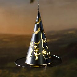 Hanging Lighted Metal Witch's Hat in Black