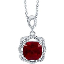 Cushion Simulated Ruby CZ Sterling Silver Flower Halo Pendant