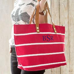Personalized Canvas Tote with Leather Handles in Coral Red