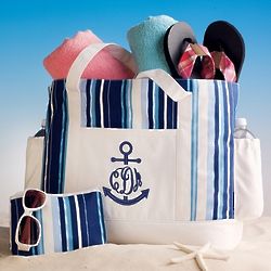 Blue Striped Beach Tote with Anchor Motif