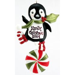 Personalized Holly Penguin and Pinwheel Christmas Ornament