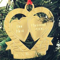 Personalized Gold Double Heart Christmas Ornament