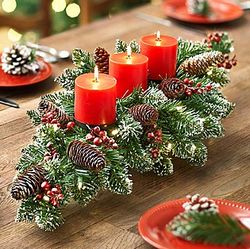Triple Candle Christmas Lights Faux Evergreen Centerpiece