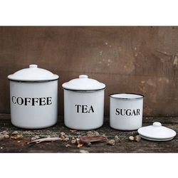 Coffee, Tea, Sugar Lidded Metal Containers in White