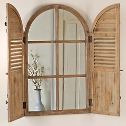 Distressed Wood Frame Mirror with Shutter Doors