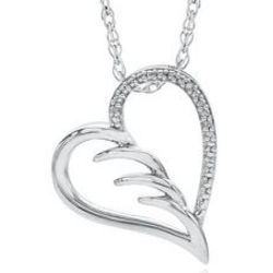 Diamond Heart and Angel Wing Pendant in Sterling Silver