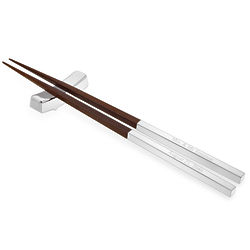 Engraved Silver and Wood Chopsticks with Chopstick Rest