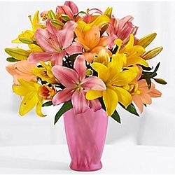 Mom's Deluxe Royal Spring Lilies with Pink Vase