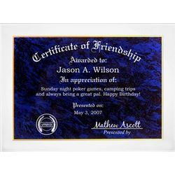 Certificate of Friendship Plaque with Blue Marble Finish