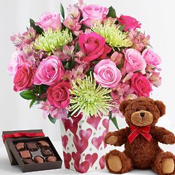 Deluxe All the Frills with Valentine's Vase, Bear, and Chocolates