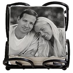 Personalized Tile Black and White Photo Coasters with Holder