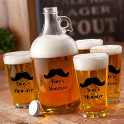 Personalized Printed Mustache Growler and Glasses