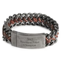 Brown Leather and Metal ID Bracelet
