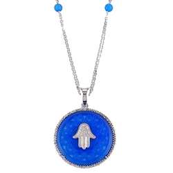 Sterling Silver Diamond Hamsa Necklace with Blue Agate Disc