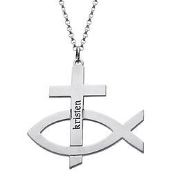 Personalized Sterling Silver Cross and Ichthus Pendant