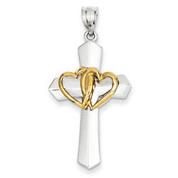 14 Karat Two-Tone Gold Intertwined Hearts Cross Pendant