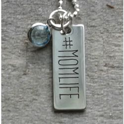 Personalized Hashtag Momlife Rectangular Tag Birthstone Necklace