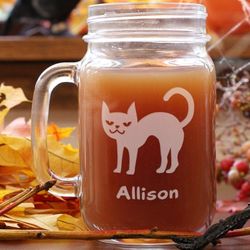Engraved Halloween Cat Mason Jar