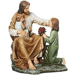 Jesus Sitting with Two Children 14" Statue