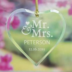 Engraved Mr. And Mrs. Glass Heart Ornament