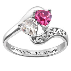 Couple's Personalized Birthstone Heart Silver Filigree Ring