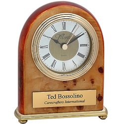 Burl Piano Finish Dome Style Desk Clock with Engraved Plaque