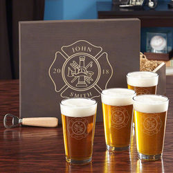 Firefighter Custom Beer Gift Set in Engraved Wood Gift Box