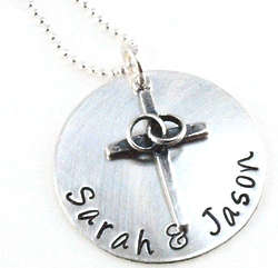 Cross and Wedding Rings Personalized Hand Stamped Necklace