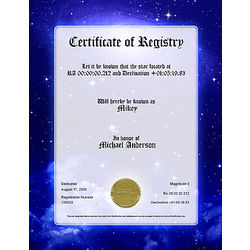 Name a Star Certificate of Registry