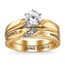 Gold Over Sterling Engraved Round Cubic Zirconia Wedding Ring