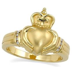 Shiny and Brushed Finish Diamond Claddagh Ring in 14k Gold