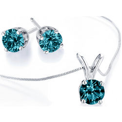 Blue Diamond Necklace and Earrings Set in 14K White Gold