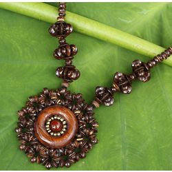 Radiant Thai Flower Carnelian and Coconut Shell Necklace