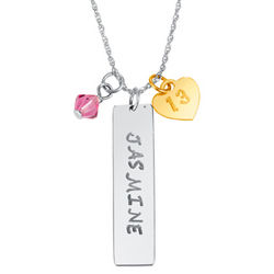 Sterling Silver Hand Stamped Name and Birthstone Charm Necklace