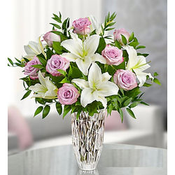 Purple Rose and Lily Bouquet in Crystal Vase