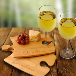Personalized Puzzle Cutting Board Set with 2 Wine Glasses