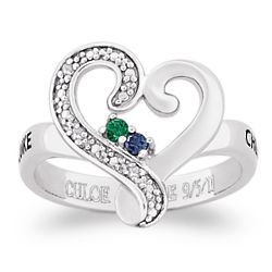 Sterling Silver Couple's Name and Birthstone Diamond Ring