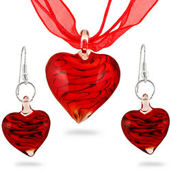 Hand-Blown Artisan Glass Red Heart Pendant and Earring Set