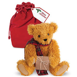Vintage Christmas Bear with Red Velvet Gift Bag