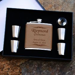 Engraved Flask with Faux Leather Wrap Groomsmen Gift Set