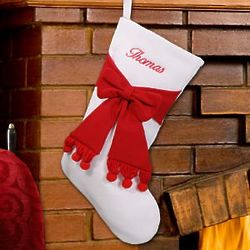 Embroidered Ivory and Red Bow Christmas Stocking