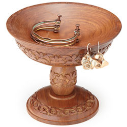 Hand-Carved Wooden Pedestal Jewelry Stand