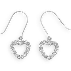 Rhodium Plated Cut Out Heart CZ French Wire Earrings