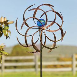 Metal Wisp Wind Spinner with Glowing Glass Orb