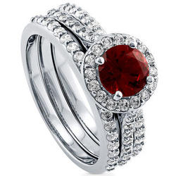 Sterling Silver and Simulated Ruby Halo Ring Set