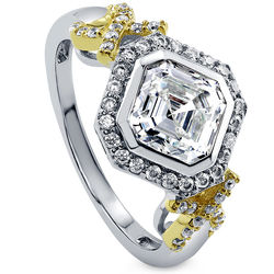 Gold Plated Sterling Silver Asscher CZ Halo Art Deco Ring